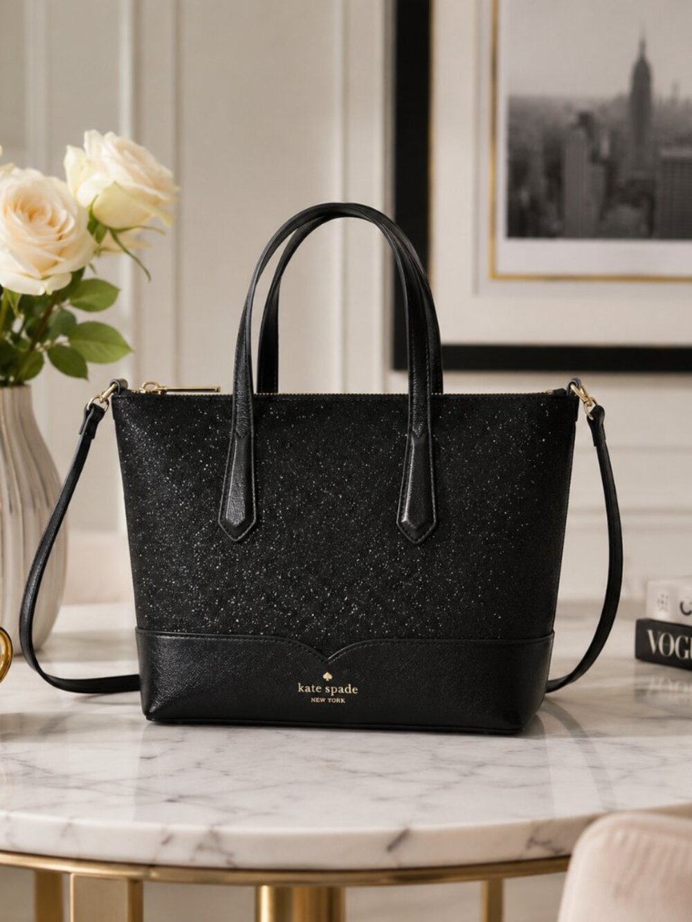 Kate Spade Black Glitter Tote Crossbody Satchel NWT